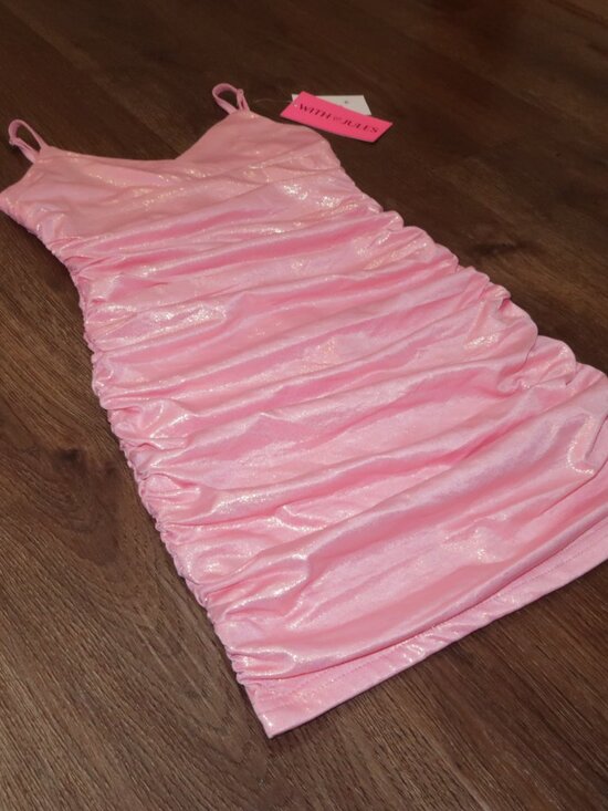 NWT Girls With Jules Metallic Ruched Mini Dress Pastel Pink Party Dance S 8/10 - Picture 3 of 7